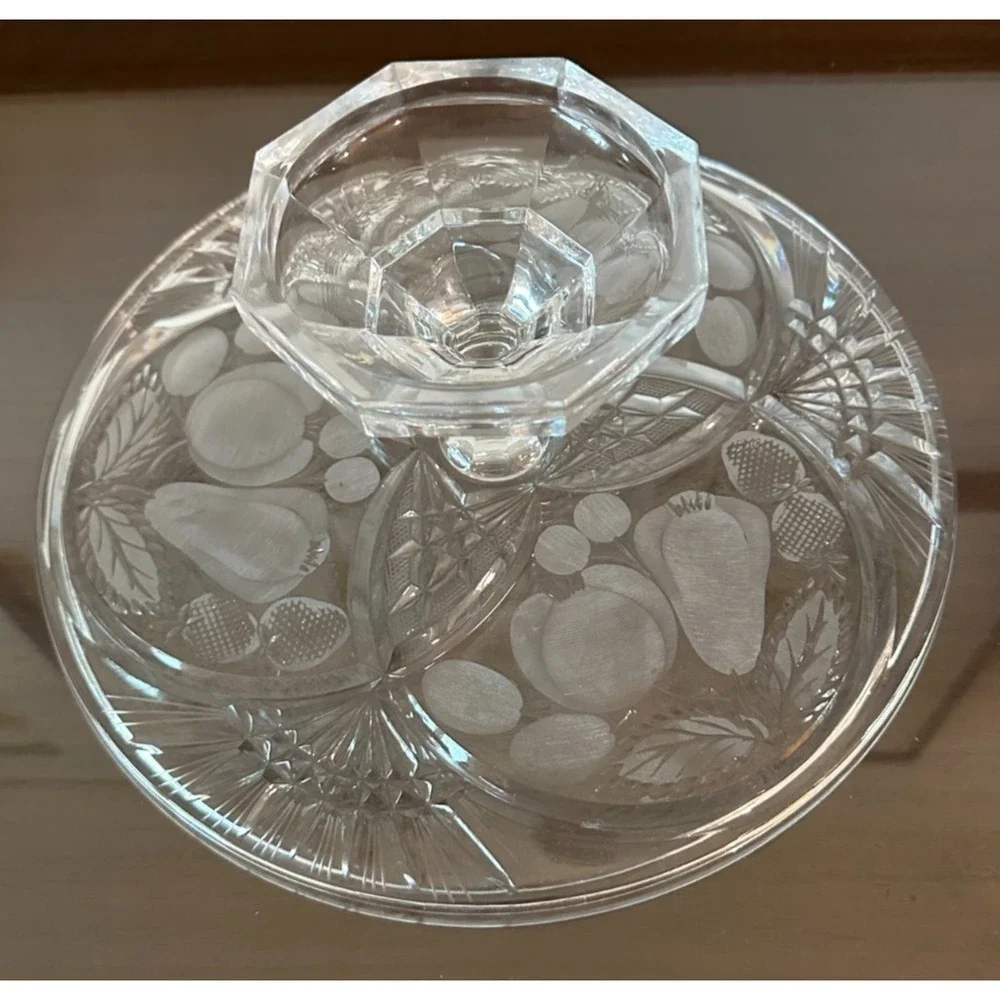 Vintage Tuthill Hawkes Cut Glass‎ Cake Stand: Frosted Fruit Design 11.5''